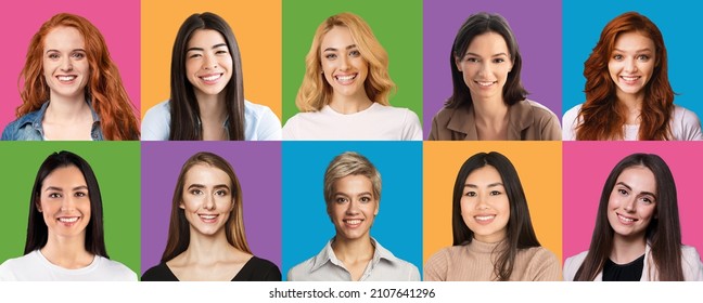 Beautiful Multiracial Ladies Of Different Occupations Smiling On Diverse Colorful Backgrounds, Collection Of Closeup Portraits, Panorama. Web Banner For International Women Community