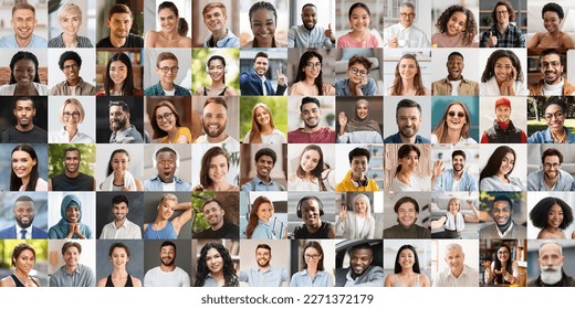 Beautiful multiracial people happy men and women, children different ages, styles, occupations posing on various backgrounds, smiling at camera, panorama, collage for international community - Shutterstock ID 2271372179