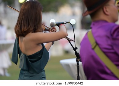 Beautiful Musician Playing Violin In Front Of The Entrance To The Lawn, Outdoor Party