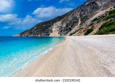The beautiful Myrtos Beach on the Ionian island of Kefalonia, Greece, in summertime without people
