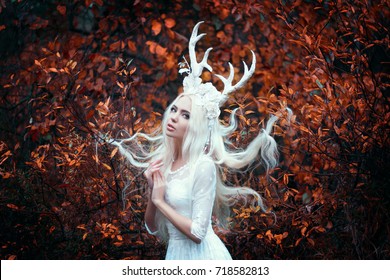 Beautiful mystery gothic woman in long white dress with deer horns in autumn forest. Dark fantasy creature elf in magic wood