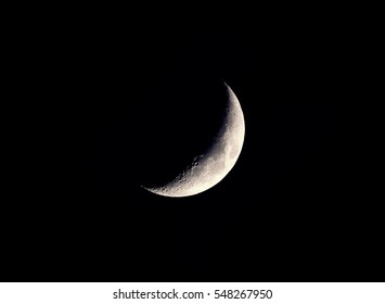 Beautiful Mystical Half Moon On Dark Night Sky Background With Copy Space

