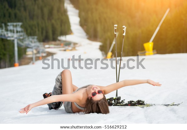 Beautiful Naked Female Skier Lying On Stock Photo Shutterstock