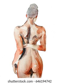 Beautiful naked girl standing with back, with hairdo, illustration executed by watercolor by hand on paper.