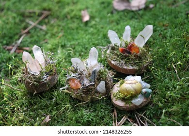 Beautiful And Natural Forest Pagan Altar With Mossy Background