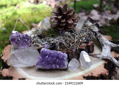 Beautiful And Natural Forest Pagan Altar With Mossy Background