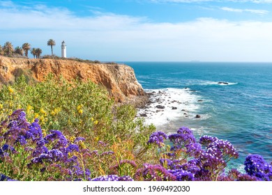 Beautiful Natural Landscape On The Los Angeles Coast At Point Vicente Lighthouse, Ocean Waves