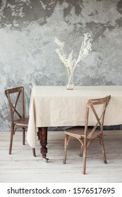 Beautiful Natural Linen Tablecloth On Old Rustic Wood Table Isolated On Background. Close Up. Home Dinner Concept.