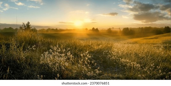 Beautiful natural panoramic countryside landscape. Blooming wild high grass in nature at sunset warm summer. Pastoral scenery. Selective focusing on foreground.