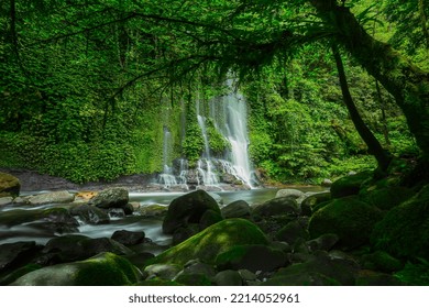 Beautiful natural scenery of waterfalls in the tropical forest of Indonesia