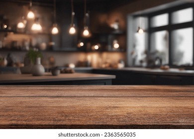 Beautiful natural wooden table with kitchen background - Shutterstock ID 2363565035