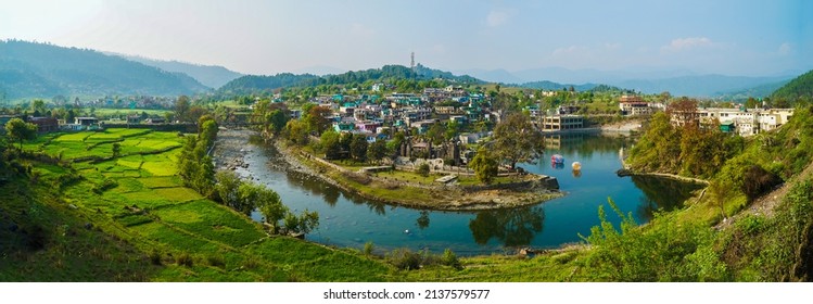 Beautiful Nature Areal Photography river and village, Panorama Photography Uttarakhand India 