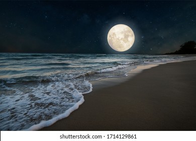 Beautiful nature fantasy - romantic beach and full moon with star. Retro style with vintage color tone. Summer season, honeymoon in night skies background concept.