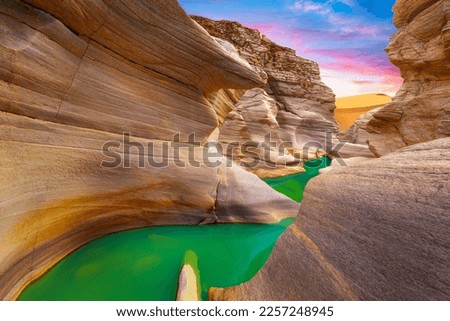 Beautiful nature landscape with colorful sunset in desert. Colorful nature scenery in mountain canyon. Nature travel in stunning summer landscape. View of the stream flowing from the valley.