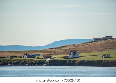 Beautiful Nature Landscape Including The Mountain Range, Sea, Waterfalls At The Countryside Of Island. Hauganes Is Located In Eyjafjörður, The Longest Fjord In Central Northern Iceland.