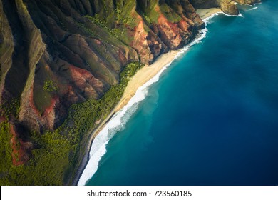 Beautiful Nature Landscape In Kauai Island Hawaii. View From Helicopter/plane/top. Forest. Mountains. Ocean. View . Drone