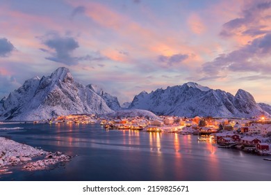 Beautiful Nature Lanscape Of Lofoten In Norway, Europe At Sunrise