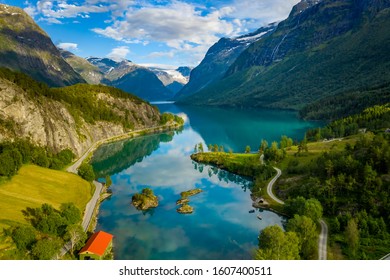 Beautiful Nature Norway Natural Landscape. Lovatnet Lake Lodal Valley.