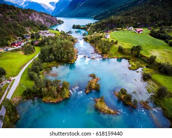 Beautiful Nature Norway Natural Landscape Aerial Photography. Lovatnet Lake.