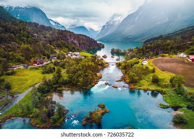 Beautiful Nature Norway Natural Landscape Aerial Photography. Lovatnet Lake.