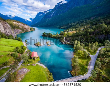Beautiful Nature Norway natural landscape aerial photography. lovatnet lake.
