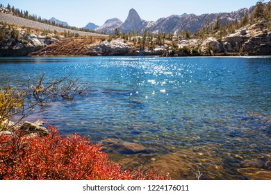 Beautiful Nature Scene In Autumn Mountains. Sierra Nevada Lake Reflection.