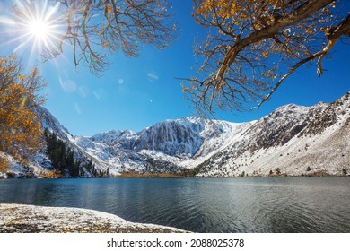 Beautiful Nature Scene In Early Winter Mountains. Sierra Nevada Landscapes. USA, California. Travel And Winter Vacation Background.