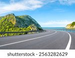 Beautiful nature scenery to travel on the road landscape among the mountains by the sea. Traveling in the beach highway landscape during summer vacation. Mediterranean journey in green spring road.