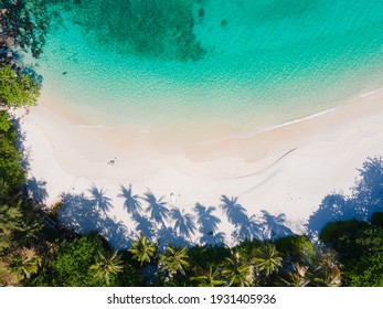 Beautiful Nature Sea Thailand. Aerial View Top View Beach Sea Sand. White Beach Sand And Palm Tree Shadow On Sand.