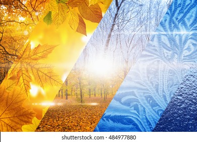 Beautiful nature seasonal background - two seasons of year collage. Vibrant colorful images of different time of year - fall and winter.