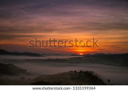 Beautiful nature sunrise Mountain Morning view point, Sun rises, at khao kho Thailand. 
