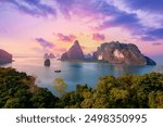 Beautiful nature of Thailand aerial view, amazing sunset landscape Phang Nga bay and Hong tropical island. Travel trip on Asia concept.