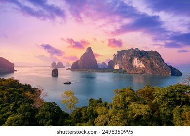 Beautiful nature of Thailand aerial view, amazing sunset landscape Phang Nga bay and Hong tropical island. Travel trip on Asia concept. - Powered by Shutterstock