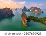 Beautiful nature of Thailand, sunset landscape Hong tropical island and Phang Nga bay in turquoise sea, aerial view. Travel trip on Asia concept.