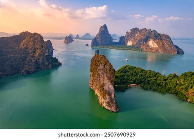 Beautiful nature of Thailand, sunset landscape Hong tropical island and Phang Nga bay in turquoise sea, aerial view. Travel trip on Asia concept.