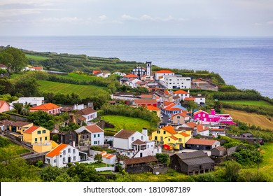 Beautiful nature view on Azores with small villages, tows, green nature fields. Amazing Azores. View of typical Azores village in Sao Miguel island, Azores, Portugal.