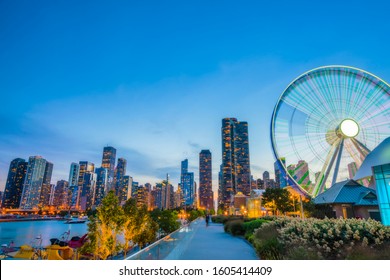 Beautiful Navy Pier At Dusk With Chicago Skyline.