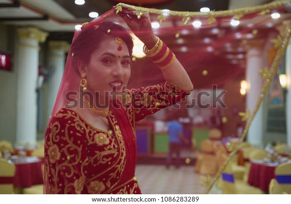 Beautiful Nepali Bride Wedding Dress Make Stock Photo (Edit