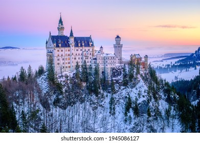 Beautiful Neuschwanstein castle, the main touristic landmark in Bavaria, in a winter day morning light, Germany