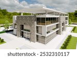 Beautiful New Contemporary Commercial Office Building. 3D Rendering.