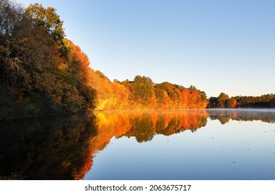 Beautiful New England Fall Foliage With Reflections At Sunrise, Boston Massachusetts.