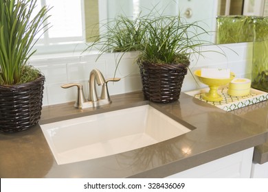 Beautiful New Modern Bathroom Sink, Faucet, Subway Tiles And Counter. 