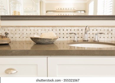 Beautiful New Modern Bathroom Sink, Faucet, Subway Tiles And Counter. 