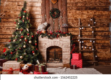 Beautiful New Year's interior, Christmas tree, fireplace, gifts - Shutterstock ID 1562452225