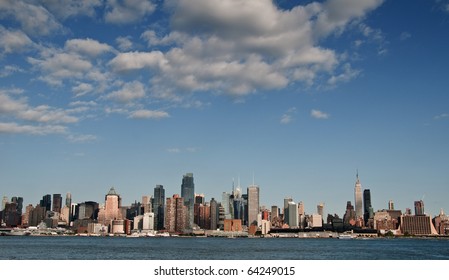 Beautiful New York City Skyline On A Sunny Day Over Hudson River