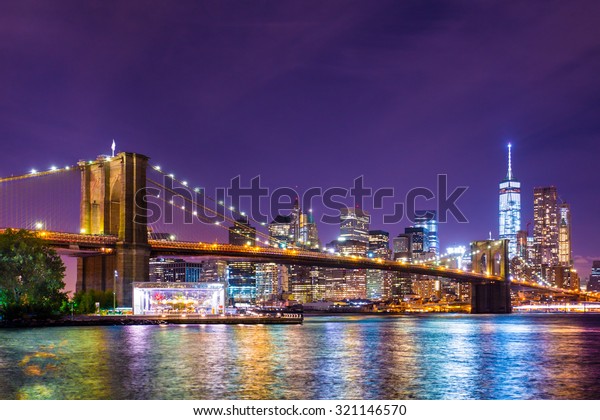 Beautiful New York City view of the Brooklyn Bridge looking towards