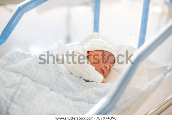 Beautiful Newborn Baby Boy Laying Crib Stock Photo Edit Now