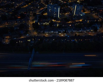 Beautiful Night Aerial View Of British City, High Angle Drone's Footage Of Luton Town Of England UK