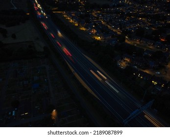 Beautiful Night Aerial View Of British City, High Angle Drone's Footage Of Luton Town Of England UK