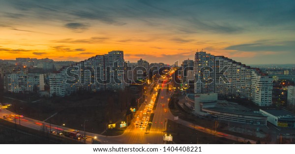 Beautiful night city. The gates of the city of\
Chisinau, Moldova, aerial\
view